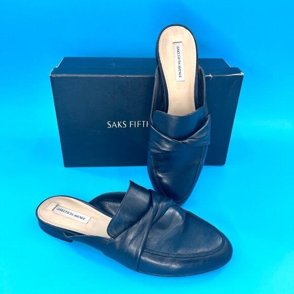 Saks Fifth Avenue Shoes - SAKS FIFTH AVENUE FABIA BLACK LEATHER MULE FLATS w/ ORIG. BOX - 10M